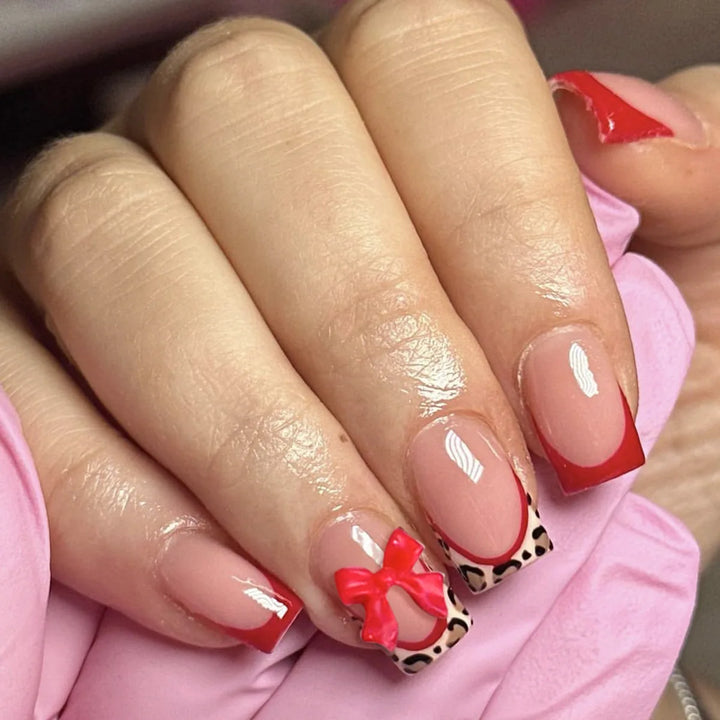"Pink French 3D Bowknot Press-On Nails | Short Square Fashion False Nails"