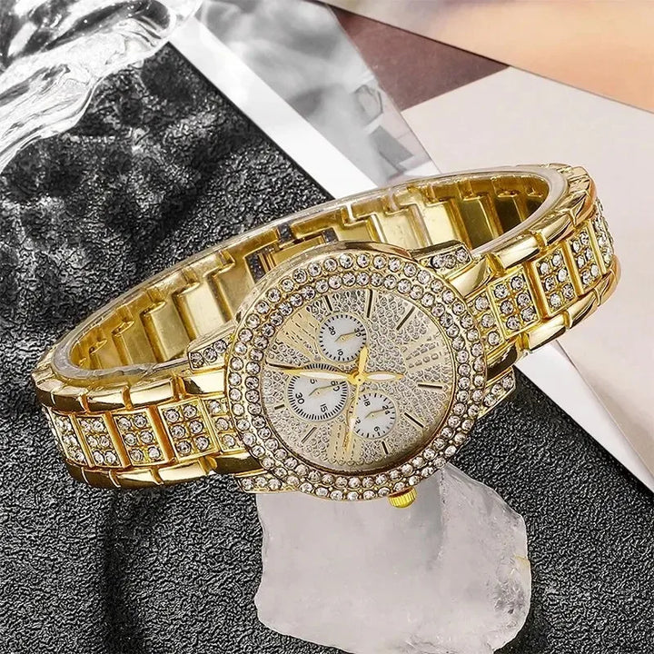 Women's Quartz Watch Gold Luxury Women Ring Necklace Earring Rhinestone Fashion Wristwatch Casual Ladies Watches Jewelry Set - Total Trends Fusion