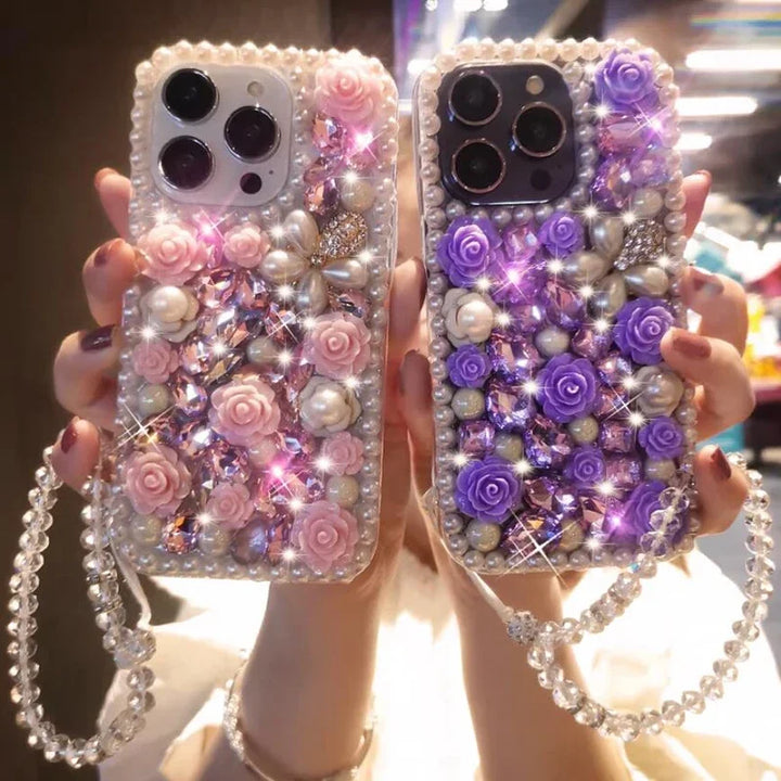 Deluxe Diamond Pearl Flower Phone Case Suitable for iPhone 15 14 Pro Max 13 12 11 X XR XS  8 3D Flower Transparent Bracelet Case