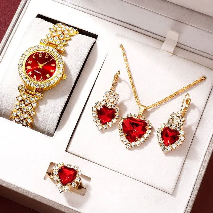 Golden Luxury Watch Women Ring Necklace Earring Rhinestone Fashion Wristwatch Casual Ladies Bracelet Watches Jewelry Set - Total Trends Fusion