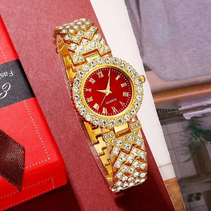 Golden Luxury Watch Women Ring Necklace Earring Rhinestone Fashion Wristwatch Casual Ladies Bracelet Watches Jewelry Set - Total Trends Fusion