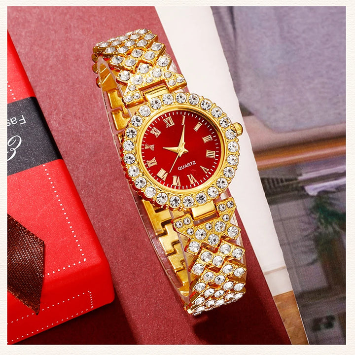 Golden Luxury Watch Women Ring Necklace Earring Rhinestone Fashion Wristwatch Casual Ladies Bracelet Watches Jewelry Set