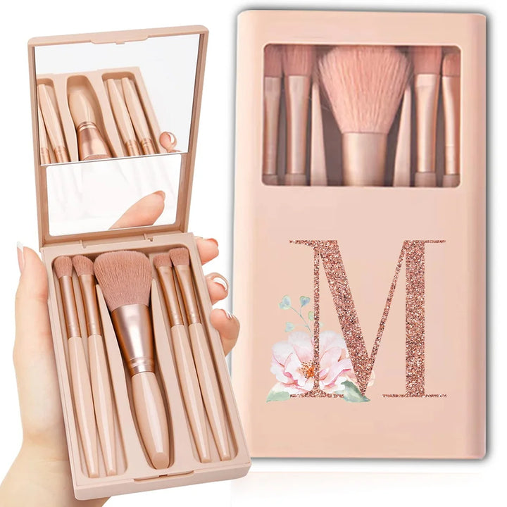 5pcs Travel Cosmetic Brush Kit With Mirror Makeup Brush Set Bag Portable Organizer Box Beauty Tool Case Rose Gold Letter Pattern