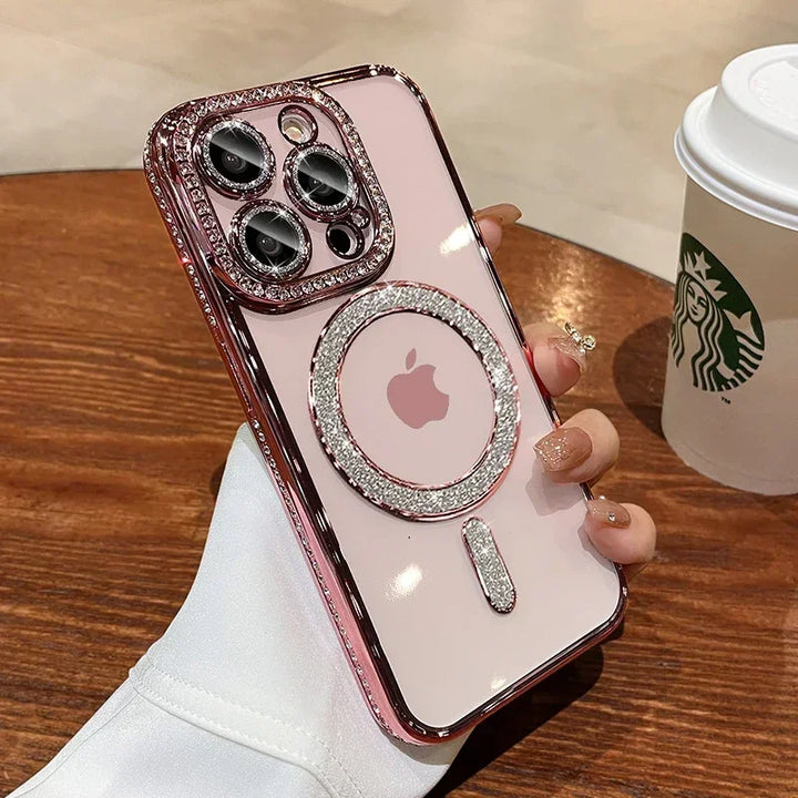 Clear Bling Crystal Phone Case For iPhone 15 16 14 11 12 13 Pro Max Plus For Magsafe Magnetic Wireless Charging Lens Film Cover