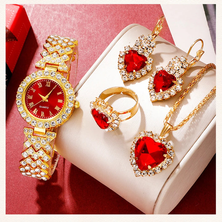 Golden Luxury Watch Women Ring Necklace Earring Rhinestone Fashion Wristwatch Casual Ladies Bracelet Watches Jewelry Set - Total Trends Fusion
