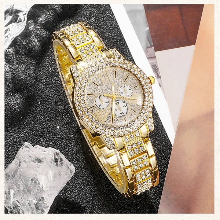 Women's Quartz Watch Gold Luxury Women Ring Necklace Earring Rhinestone Fashion Wristwatch Casual Ladies Watches Jewelry Set
