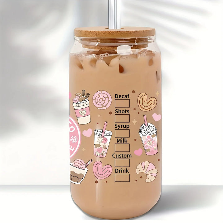16oz Clear 3D Printed Sublimation Glass Cup With Bamboo Lid And Glass Straw Drinking Cups With Waterproof Sticker Muti-Pattern