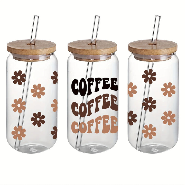 16oz Clear 3D Printed Sublimation Glass Cup With Bamboo Lid And Glass Straw Drinking Cups With Waterproof Sticker Muti-Pattern