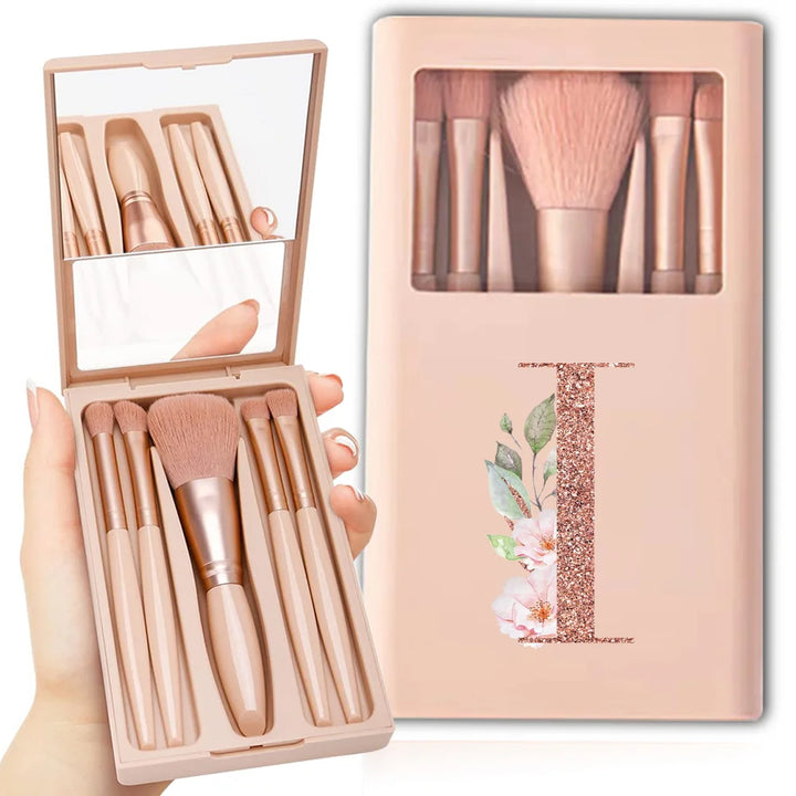 5pcs Travel Cosmetic Brush Kit With Mirror Makeup Brush Set Bag Portable Organizer Box Beauty Tool Case Rose Gold Letter Pattern