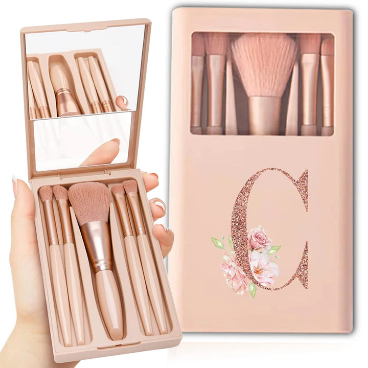 5pcs Travel Cosmetic Brush Kit With Mirror Makeup Brush Set Bag Portable Organizer Box Beauty Tool Case Rose Gold Letter Pattern