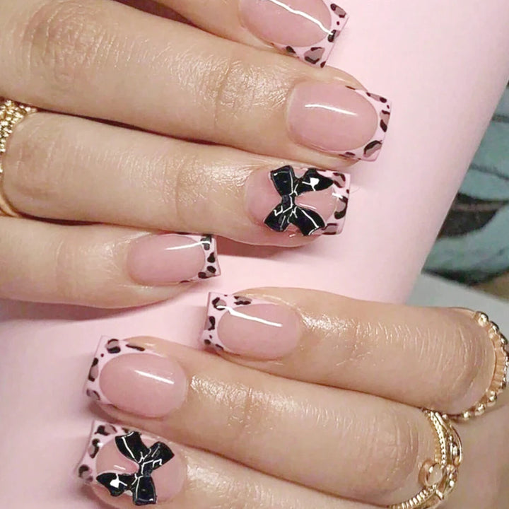 "Pink French 3D Bowknot Press-On Nails | Short Square Fashion False Nails"