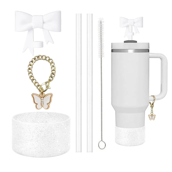 6pcs Accessories Set for Stanley Cup 30oz/40oz Including Glitter Silicone Boot Diamond Butterfly Charm Chain Bow Silicone Straw - Total Trends Fusion