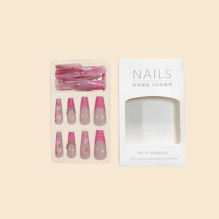 Women Girls Trend 24Pcs/Set Long Ballet French Heart Glitter Stone Decoration Full Coverage Wearable Fake Nail Press on Nail Art