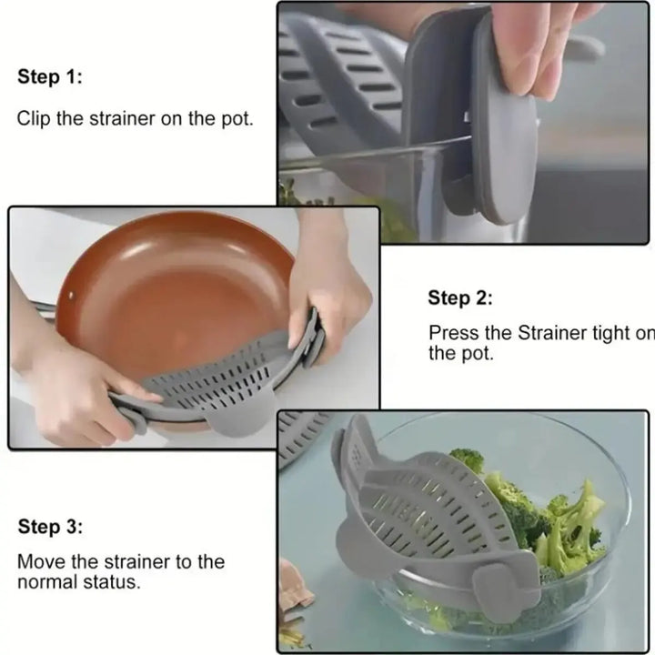 1pc Adjustable Silicone Clip-On Strainer for Pots, Pans, and Bowls - Handheld Drainer for Noodles, Pasta - Total Trends Fusion