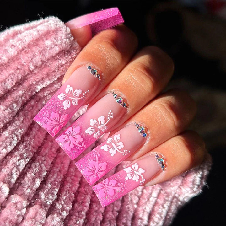 Hot New Women Girls 24Pcs Long Square Red French White Border Heart Full Coverage Wearable Fake Nail Press on Nail Art
