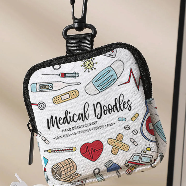 Medical Doodle Coin Purse | Portable Mini Storage Bag with Carabiner Clip
