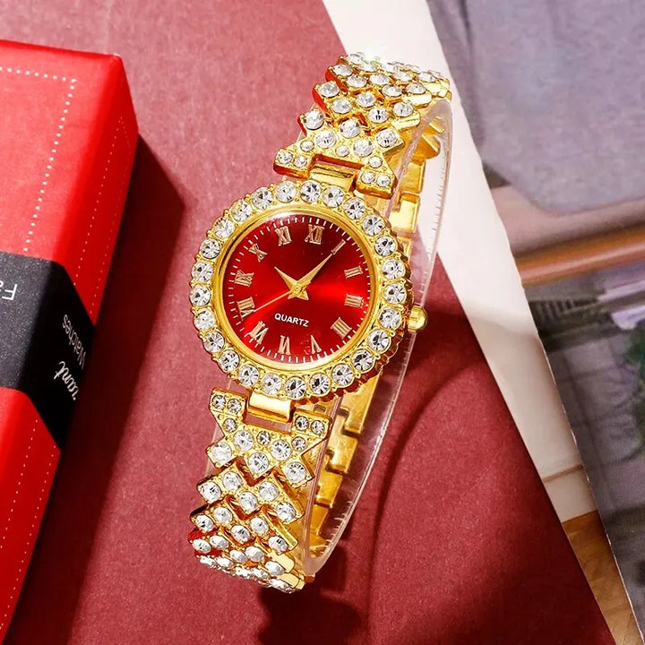 Golden Luxury Watch Women Ring Necklace Earring Rhinestone Fashion Wristwatch Casual Ladies Bracelet Watches Jewelry Set - Total Trends Fusion