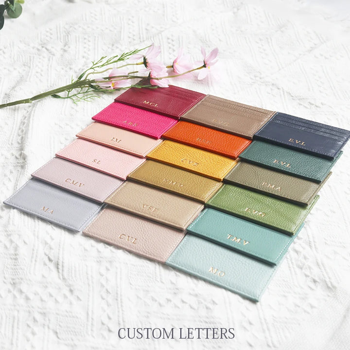 Custom Company Logo Cowhide Card Holder Woman Man Fashion Slim Mini Card Bag Genuine Leather Engrave Name Luxury Casual Purse