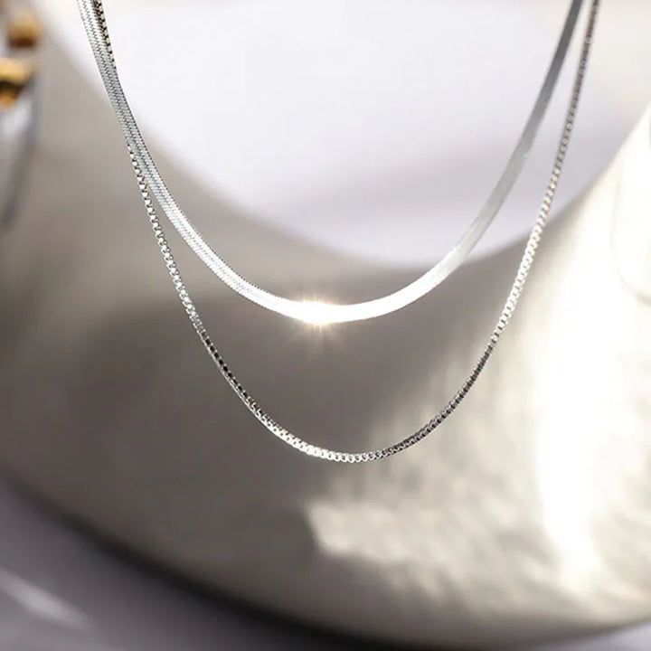 S925 Silver Double Layer Box & Snake Chain Clavicle Necklace – Hip-Hop Retro Style