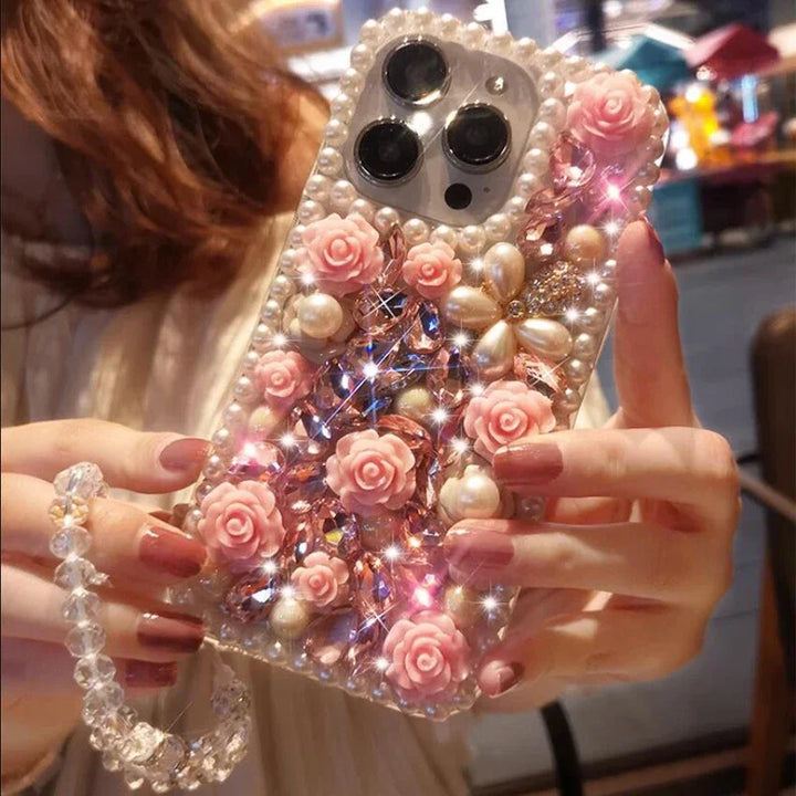 Deluxe Diamond Pearl Flower Phone Case Suitable for iPhone 15 14 Pro Max 13 12 11 X XR XS  8 3D Flower Transparent Bracelet Case