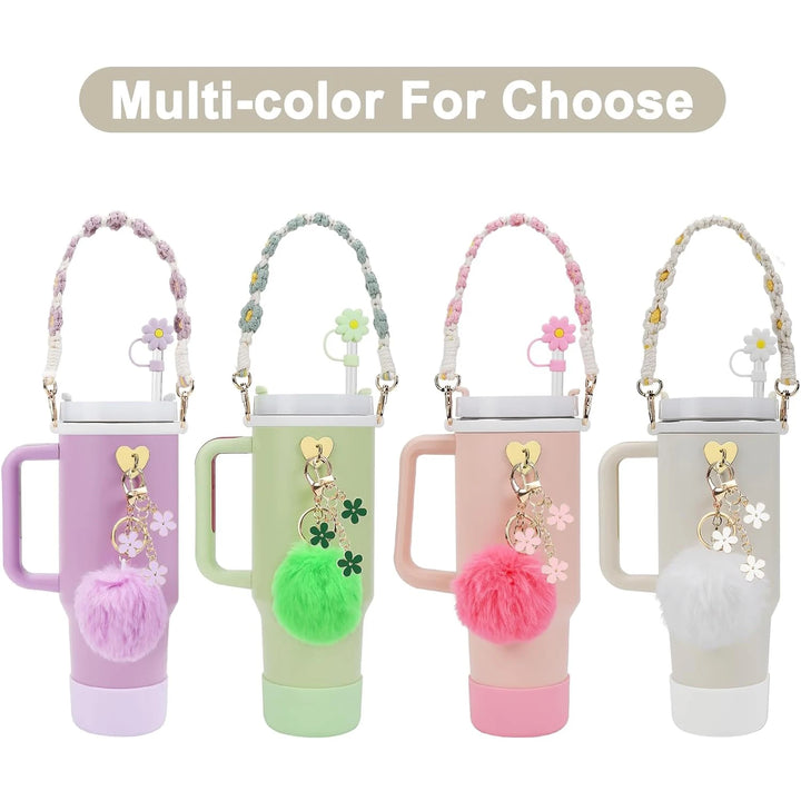 7Pcs for Stanley cup accessory set includes 1 water bottle handle strap, 1 cup cover, 1 fixed cup cover, 1straw cover, 3 charms - Total Trends Fusion