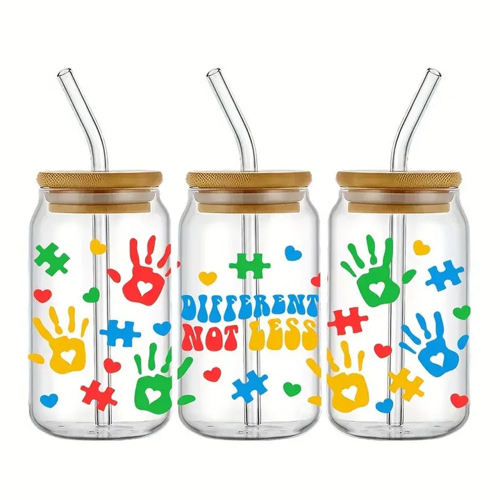 16oz Clear 3D Printed Sublimation Glass Cup With Bamboo Lid And Glass Straw Drinking Cups With Waterproof Sticker Muti-Pattern
