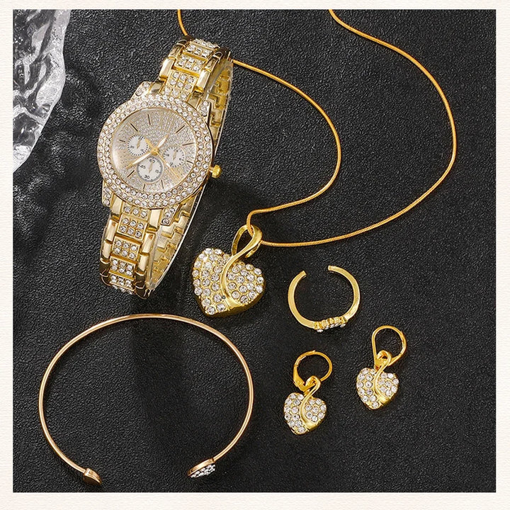 Women's Quartz Watch Gold Luxury Women Ring Necklace Earring Rhinestone Fashion Wristwatch Casual Ladies Watches Jewelry Set - Total Trends Fusion
