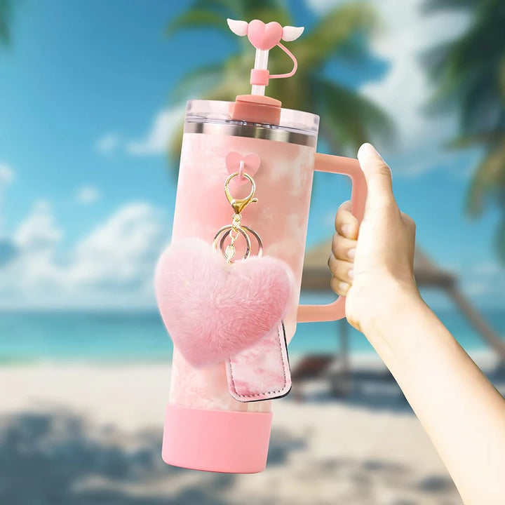 Accessories Set for Stanley 40oz & 30oz Tumbler Including Silicone Boot Straw Cover Cap Heart Hook Lipstick Bag and Heart Pompom - Total Trends Fusion