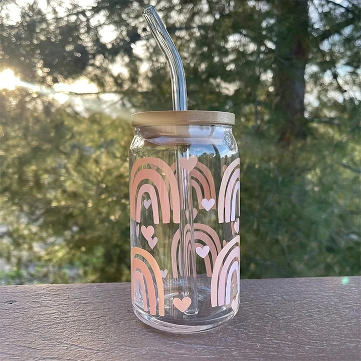 16oz Clear 3D Printed Sublimation Glass Cup With Bamboo Lid And Glass Straw Drinking Cups With Waterproof Sticker Muti-Pattern