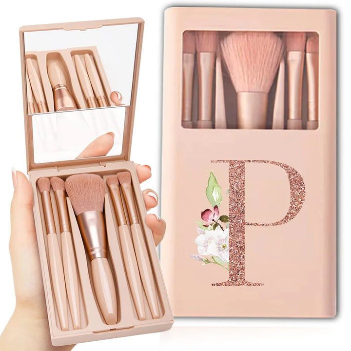 5pcs Travel Cosmetic Brush Kit With Mirror Makeup Brush Set Bag Portable Organizer Box Beauty Tool Case Rose Gold Letter Pattern