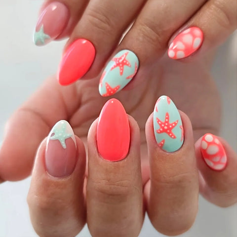 24Pcs Almond Coverage Press On Nails Starfish Beach Fake Nails Cute Briquette Reusable False Nail Summer Hot Wear Nails