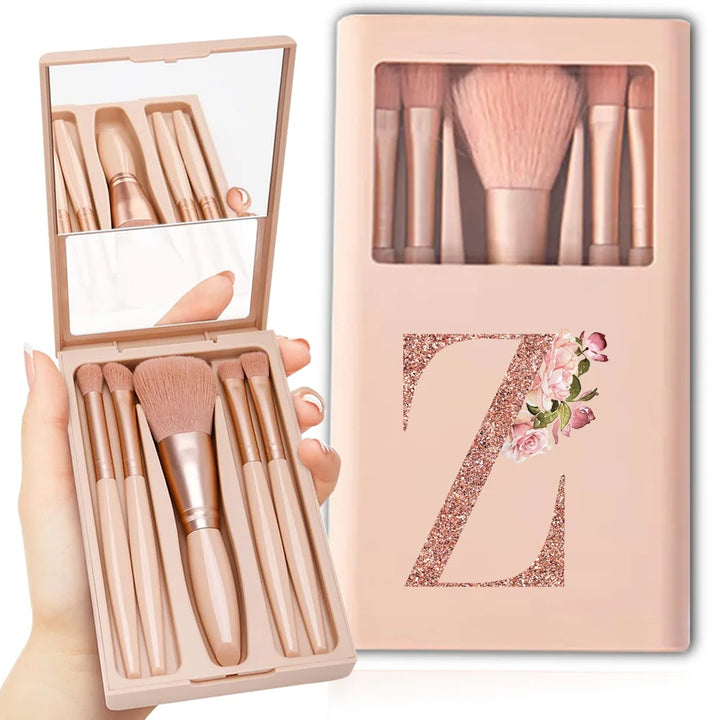 5pcs Travel Cosmetic Brush Kit With Mirror Makeup Brush Set Bag Portable Organizer Box Beauty Tool Case Rose Gold Letter Pattern