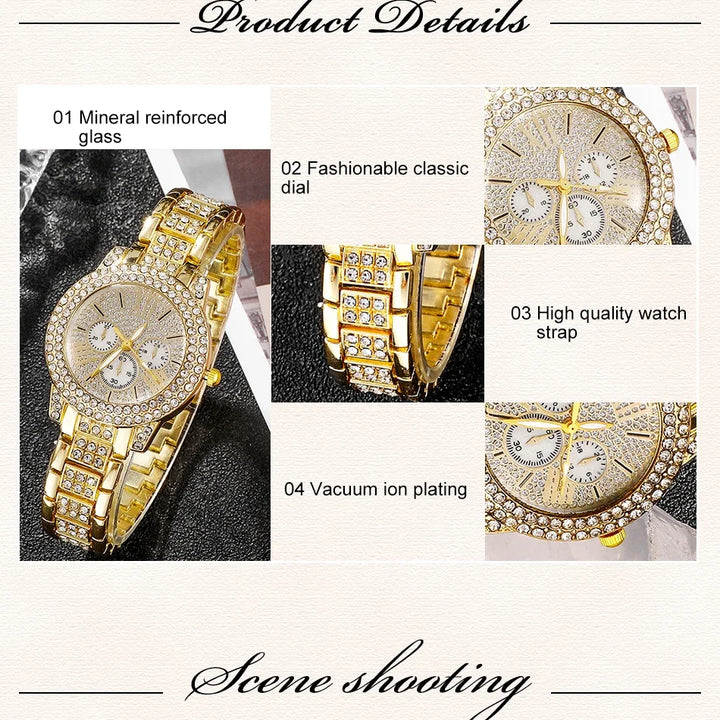 Women's Quartz Watch Gold Luxury Women Ring Necklace Earring Rhinestone Fashion Wristwatch Casual Ladies Watches Jewelry Set