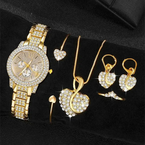 Women's Quartz Watch Gold Luxury Women Ring Necklace Earring Rhinestone Fashion Wristwatch Casual Ladies Watches Jewelry Set - Total Trends Fusion