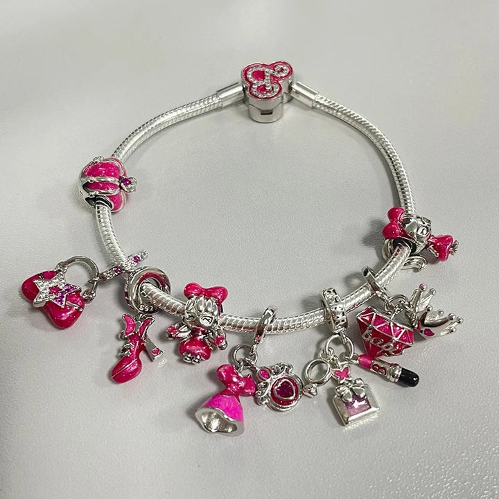 Charms 925 Silver Pink Princess Dress Bag Makeup Lipstick High Heels For Pandora Bracelet Pendant DIY Jewelry Hot Gift 2024 new