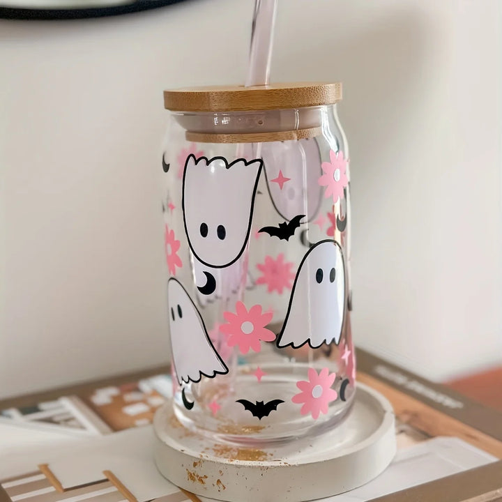 16oz Clear 3D Printed Sublimation Glass Cup With Bamboo Lid And Glass Straw Drinking Cups With Waterproof Sticker Muti-Pattern