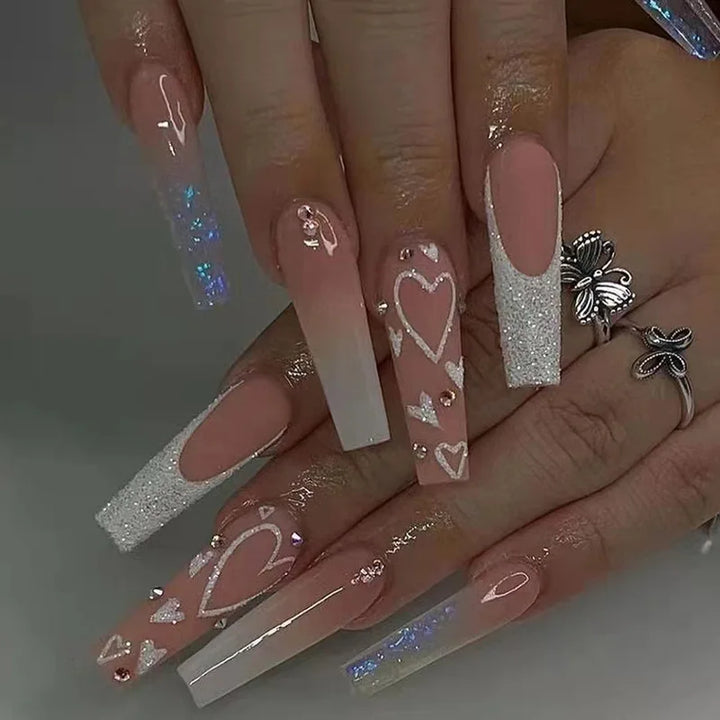 24pcs/Box Long T Handmade Valentine's Day French Flame Wave Love With Diamond False Nail Enhancement Waterproof Gel Fake Nails