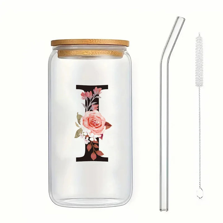 Alphabet Flowers Drinking Glass Letter A-Z Iced Coffee Water Juice Bottle Portable Clear Cup with Lid Straw Brush Birthday Gifts