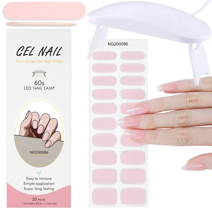 Pink Semi-Cured Gel Nail Patch Set 20Sheet with UV Lamp Christmas Adhesive Sliders Long Lasting Full Cover Nail Gel Wrap Manicur