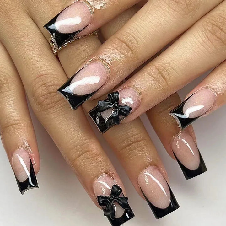 "Pink French 3D Bowknot Press-On Nails | Short Square Fashion False Nails"