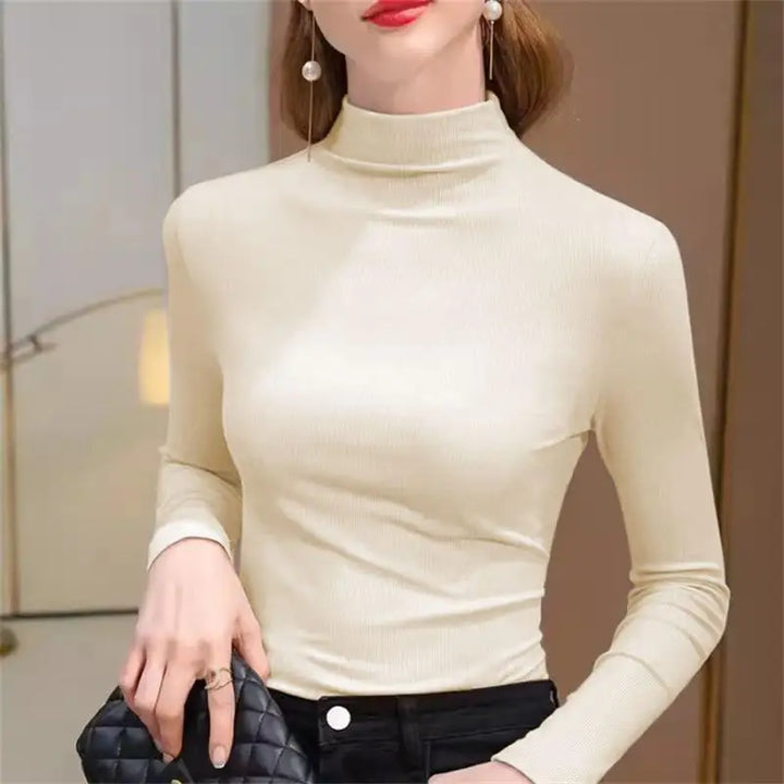 Women's Elastic Half High Collar T-Shirt Solid Ribbed Tops Long Sleeve Tight Bottom Basic Shirt Casual Clothing Autumn - Total Trends Fusion