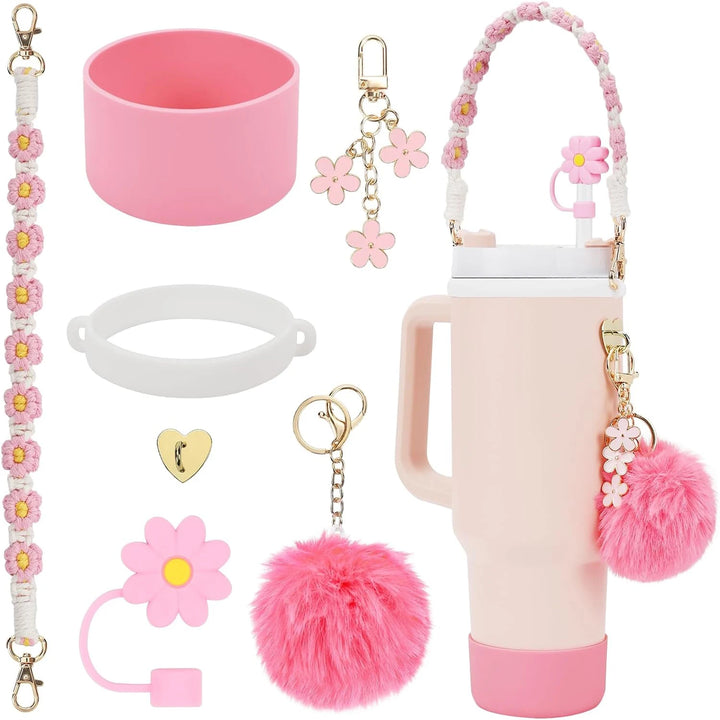 7Pcs for Stanley cup accessory set includes 1 water bottle handle strap, 1 cup cover, 1 fixed cup cover, 1straw cover, 3 charms - Total Trends Fusion