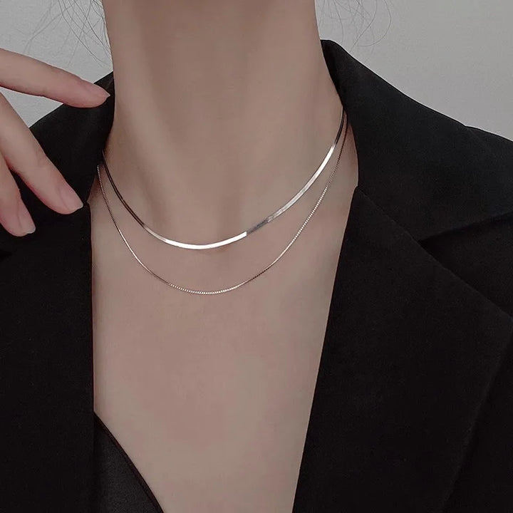 S925 Silver Double Layer Box & Snake Chain Clavicle Necklace – Hip-Hop Retro Style