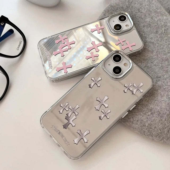Luxury Pink & Silver Jesus Cross Mirror Phone Case – Hard Acrylic | iPhone 11–15 Pro Max