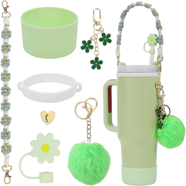 7Pcs for Stanley cup accessory set includes 1 water bottle handle strap, 1 cup cover, 1 fixed cup cover, 1straw cover, 3 charms - Total Trends Fusion