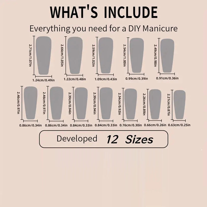A full set of 24 long coffin-shaped fake nails with solid color fake nails and a heart design, including 1 jelly glue and 1 rub