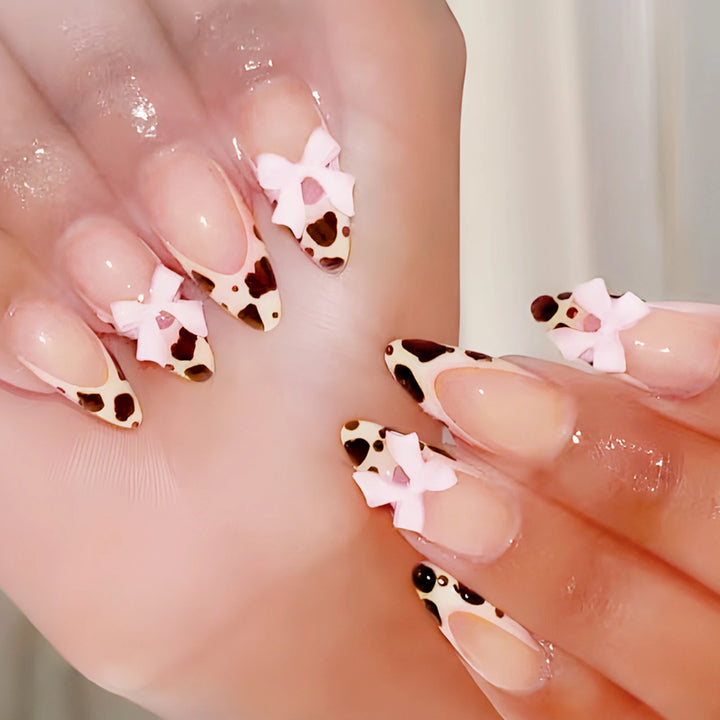 "Pink French 3D Bowknot Press-On Nails | Short Square Fashion False Nails"