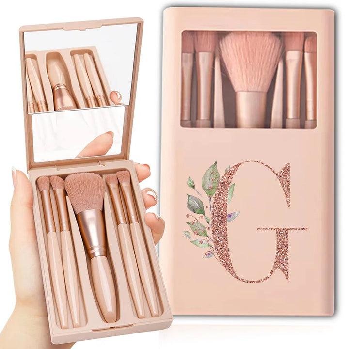 5pcs Travel Cosmetic Brush Kit With Mirror Makeup Brush Set Bag Portable Organizer Box Beauty Tool Case Rose Gold Letter Pattern