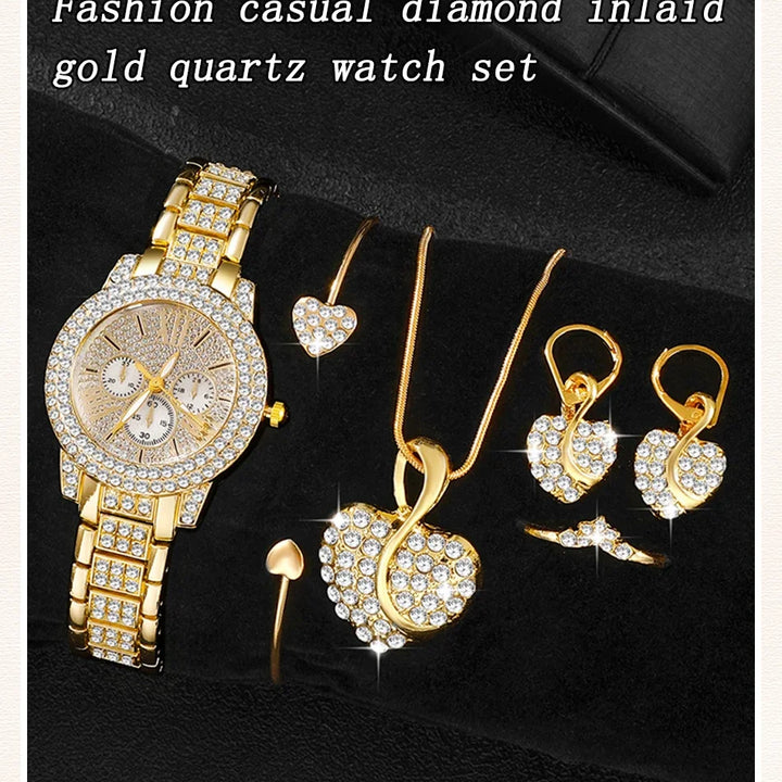 Women's Quartz Watch Gold Luxury Women Ring Necklace Earring Rhinestone Fashion Wristwatch Casual Ladies Watches Jewelry Set - Total Trends Fusion
