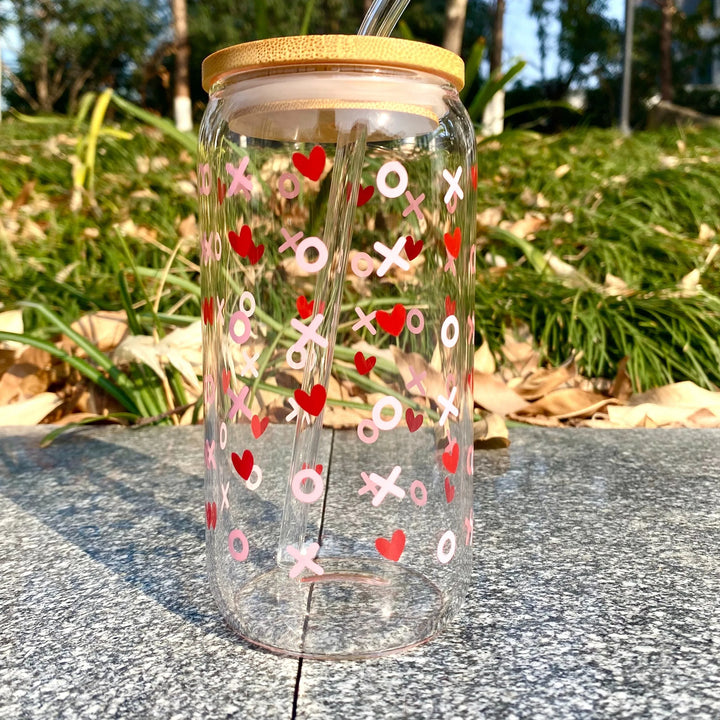 16oz Clear 3D Printed Sublimation Glass Cup With Bamboo Lid And Glass Straw Drinking Cups With Waterproof Sticker Muti-Pattern